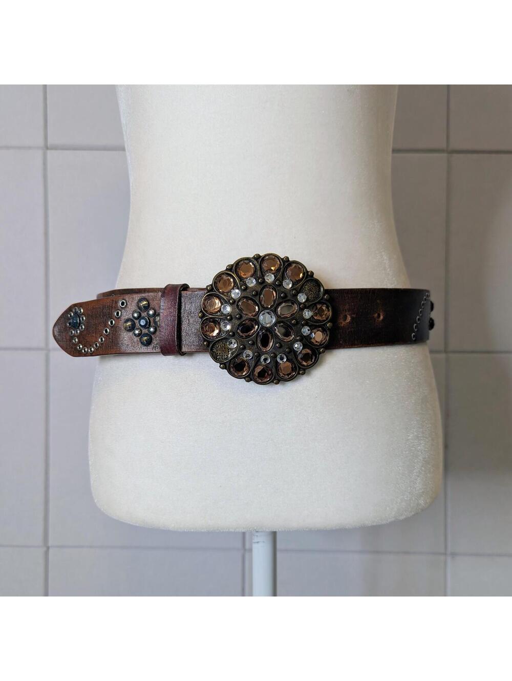 Vintage y2k studded leather & crystal buckle belt